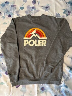 Poler Gray Crewneck Sweatshirt with Retro Orange and Red Logo